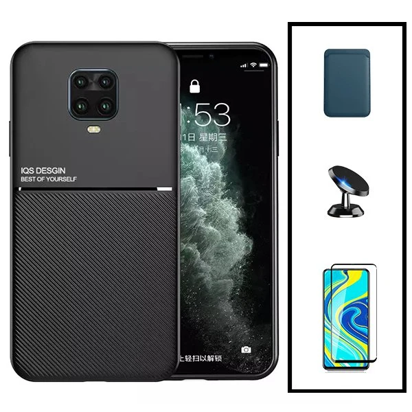 Kit Capa Magnetic Lux + Magnetic Wallet Azul + 5D Full Cover + Suporte Magnético de Carro para Xiaomi Redmi Note 9 Pro Max