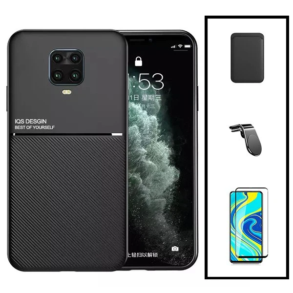 Kit Capa Magnetic Lux + Magnetic Wallet Azul + 5D Full Cover + Suporte Magnético L Safe Driving para Xiaomi Redmi Note 9s