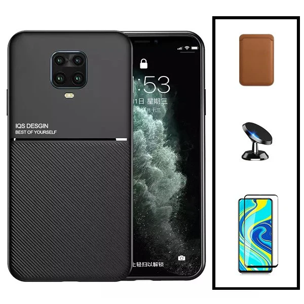 Kit Capa Magnetic Lux + Magnetic Wallet Castanho + 5D Full Cover + Suporte Magnético de Carro para Xiaomi Poco M2 Pro