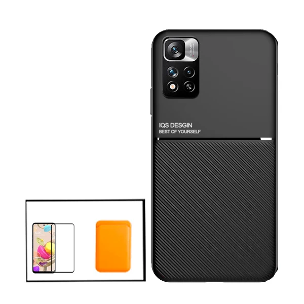 Kit Capa Magnetic Lux + Magnetic Wallet Laranja + 5D Full Cover para Xiaomi Redmi Note 11E Pro