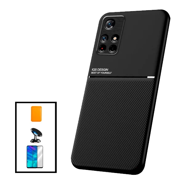 Kit Capa Magnetic Lux + Magnetic Wallet Laranja + 5D Full Cover + Suporte Magnético de Carro para Xiaomi Poco M4 Pro 5G