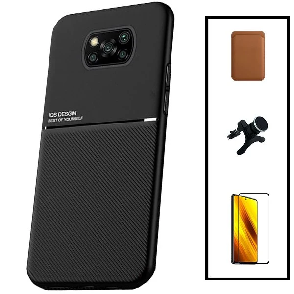 Kit Capa Magnetic Lux + Magnetic Wallet Castanho + 5D Full Cover + Suporte Magnético de Carro Reforçado para Xiaomi Poco X...