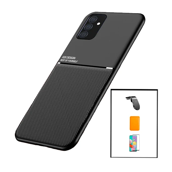 Kit Capa Magnetic Lux + Magnetic Wallet Laranja + 5D Full Cover + Suporte Magnético L Safe Driving para Samsung Galaxy M52 5G