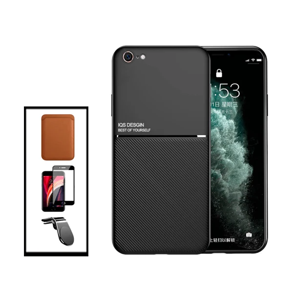 Kit Capa Magnetic Lux + Magnetic Wallet Castanho + 5D Full Cover + Suporte Magnético L Safe Driving para Apple iPhone SE 2...