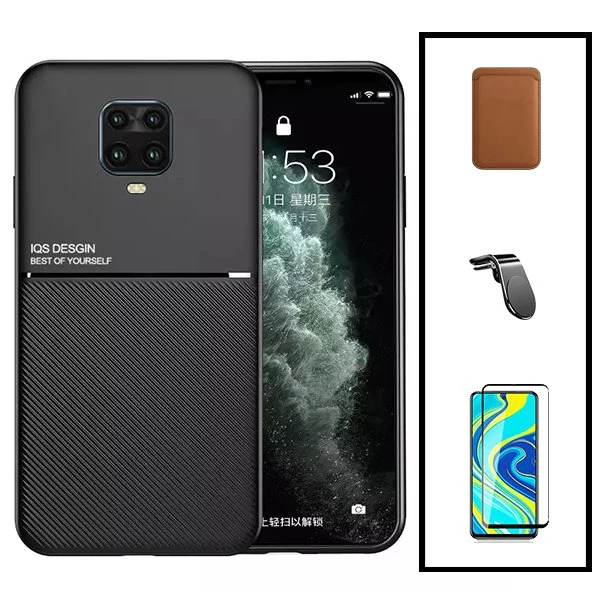 Kit Capa Magnetic Lux + Magnetic Wallet Castanho + 5D Full Cover + Suporte Magnético L Safe Driving para Xiaomi Redmi Note 9s
