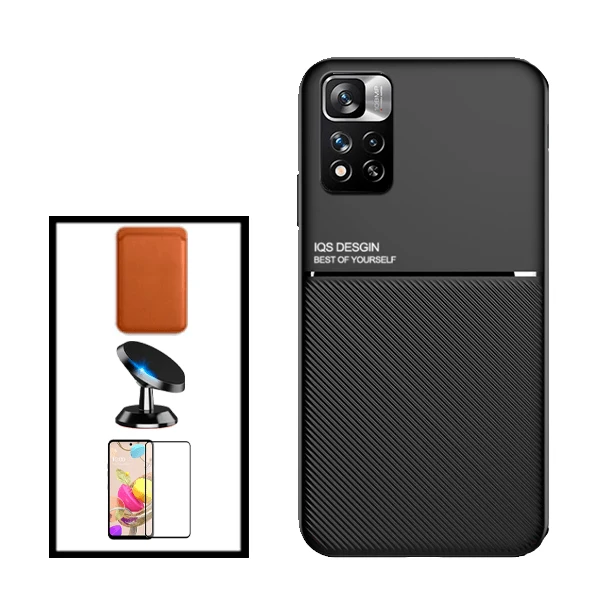 Kit Capa Magnetic Lux + Magnetic Wallet Castanho + 5D Full Cover + Suporte Magnético de Carro para Xiaomi Poco X4 Pro 5G