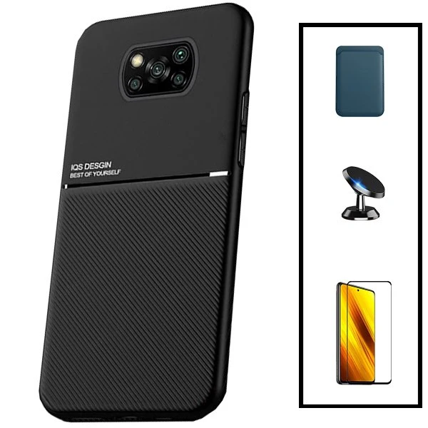 Kit Capa Magnetic Lux + Magnetic Wallet Azul + 5D Full Cover + Suporte Magnético de Carro para Xiaomi Poco X3 Pro