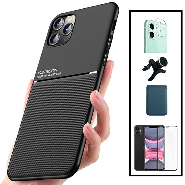 Kit Capa Magnetic Lux + Magnetic Wallet Azul + 5D Full Cover + Película de Câmara Traseira + Suporte Magnético de Carro Re...