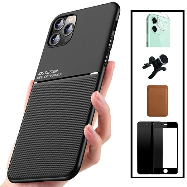 Kit Capa Magnetic Lux + Magnetic Wallet Castanho + 5D Full Cover + Película de Câmara Traseira + Suporte Magnético de Carr...