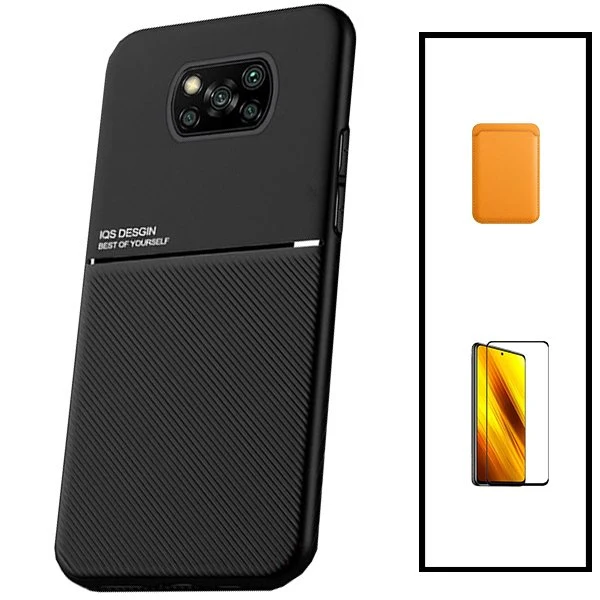Kit Capa Magnetic Lux + Magnetic Wallet Laranja + 5D Full Cover para Xiaomi Poco X3 Pro