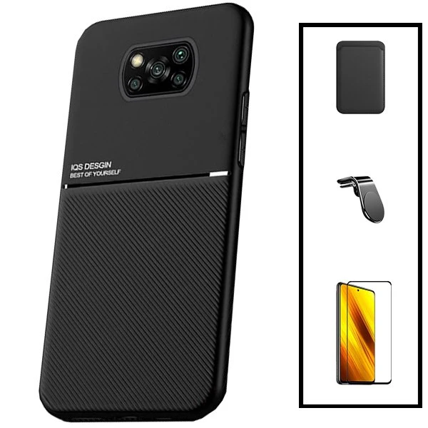 Kit Capa Magnetic Lux + Magnetic Wallet Preto + 5D Full Cover + Suporte Magnético L Safe Driving para Xiaomi Poco X3 Pro