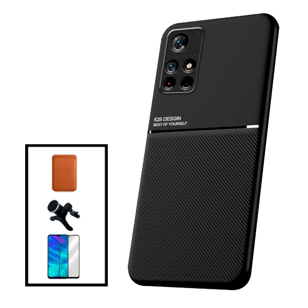 Kit Capa Magnetic Lux + Magnetic Wallet Castanho + 5D Full Cover + Suporte Magnético de Carro Reforçado para Xiaomi Poco M...