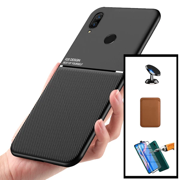 Kit Capa Magnetic Lux + Magnetic Wallet Castanho + 5D Full Cover + Suporte Magnético de Carro para Huawei P Smart Z