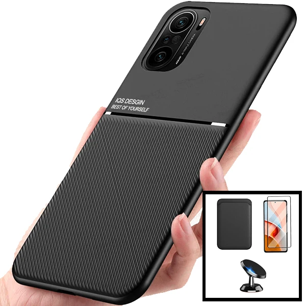 Kit Capa Magnetic Lux + Magnetic Wallet Preto + 5D Full Cover + Suporte Magnético de Carro para Xiaomi Poco F3