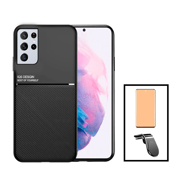 Kit Capa Magnetic Lux + Película CeramicGlass + Suporte Magnético L Safe Driving para Samsung Galaxy S22 Ultra 5G - Preto