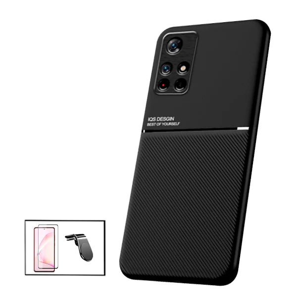 Kit Capa Magnetic Lux + Película Vidro Premium Full Cover Curved + Suporte Magnético L Safe Driving para Xiaomi Poco M4 Pr...