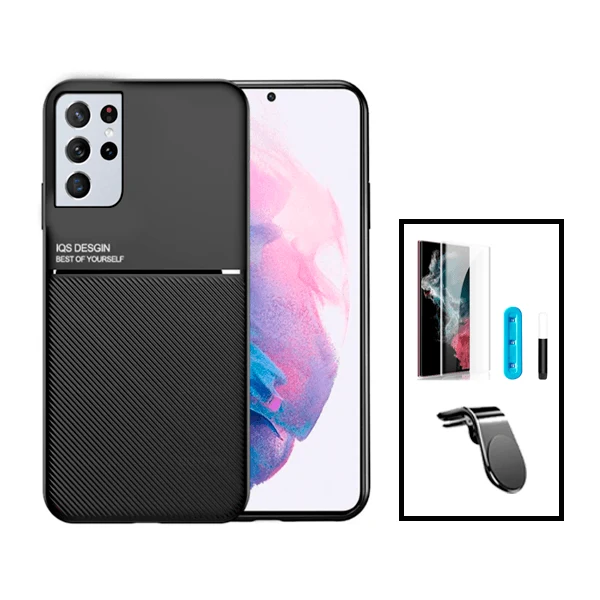 Kit Capa Magnetic Lux + Película de Vidro Nano Curved UV + Suporte Magnético L Safe Driving para Samsung Galaxy S22 Ultra...