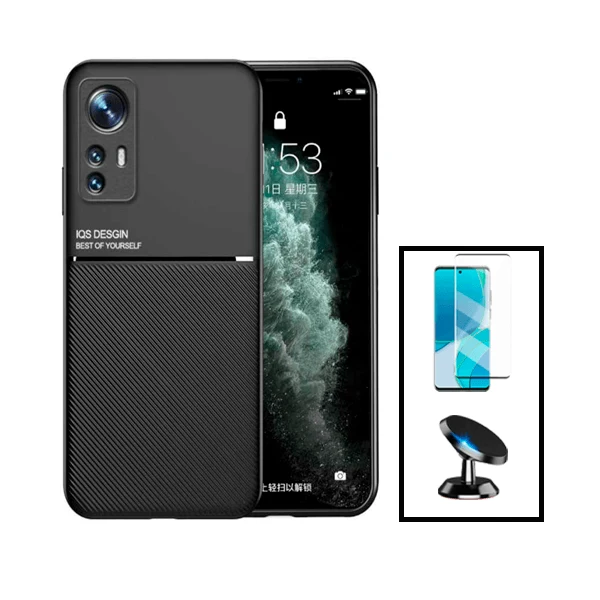 Kit Capa Magnetic Lux + Película Vidro Premium Full Cover Curved + Suporte Magnético de Carro para Xiaomi 12 Pro - Preto