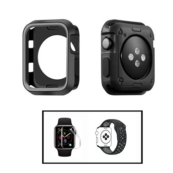 Kit Capa Military DoubleColor + Bracelete SportyStyle + Película de Hydrogel para Apple Watch Series 3 - 38mm - Preto / Cinza