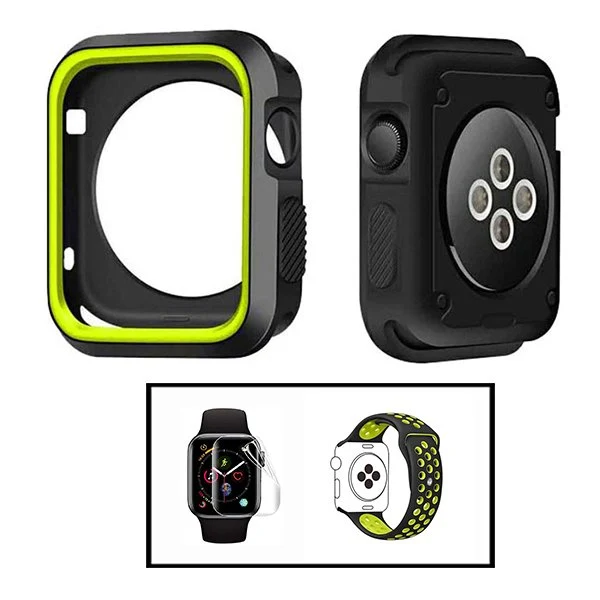 Kit Capa Military DoubleColor + Bracelete SportyStyle + Película de Hydrogel para Apple Watch Series 5 - 44mm - Preto / Ve...