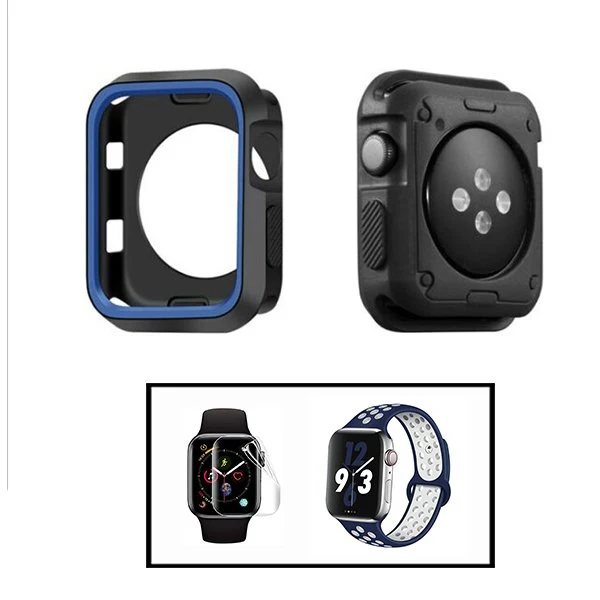 Kit Capa Military DoubleColor + Bracelete SportyStyle + Película de Hydrogel para Apple Watch Series 6 - 40mm - Preto / Az...