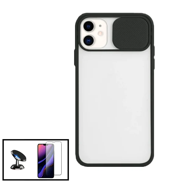 Kit Capa Slide Window Anti Choque Frosted + Vidro Temperado CeramicGlass + Suporte Magnético de Carro para Apple iPhone SE...