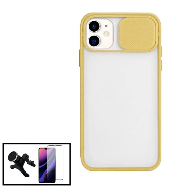 Kit Capa Slide Window Anti Choque Frosted + Película 5D Full Cover + Suporte Magnético Reforçado de Carro para Apple iPhon...