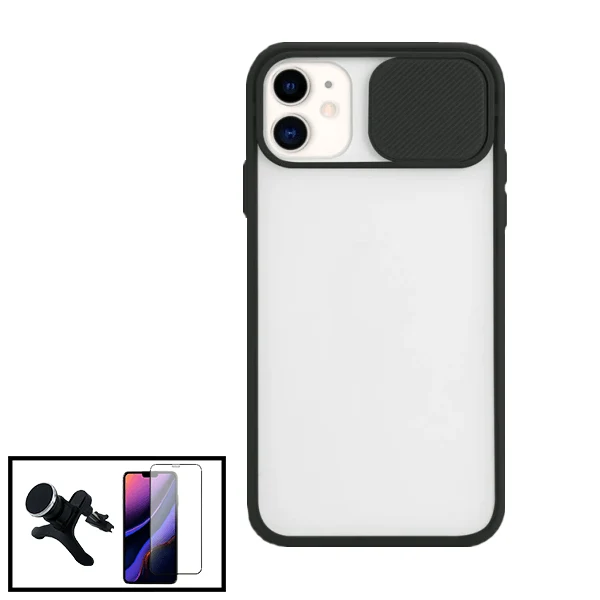 Kit Capa Slide Window Anti Choque Frosted + Película 5D Full Cover + Suporte Magnético Reforçado de Carro para Apple iPhon...
