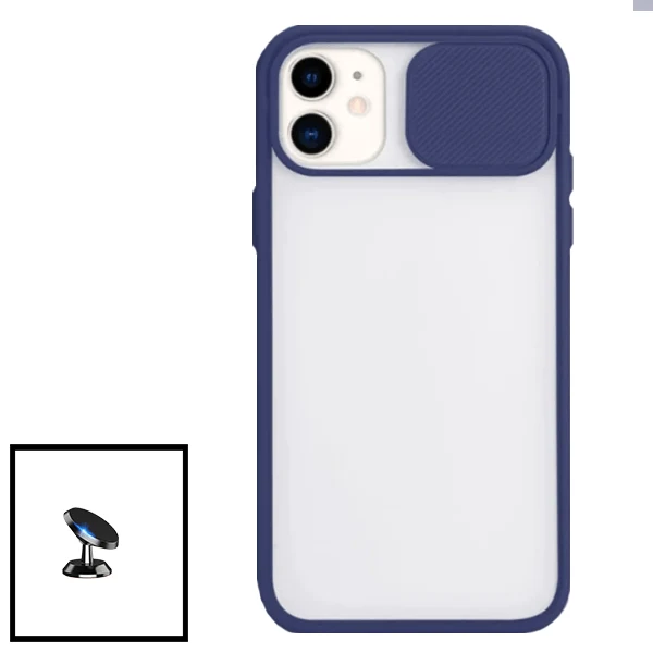 Kit Capa Slide Window Anti Choque Frosted + Suporte Magnético de Carro para Apple iPhone SE 2022 - Azul Escuro