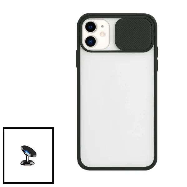 Kit Capa Slide Window Anti Choque Frosted + Suporte Magnético de Carro para Apple iPhone SE 2022 - Preto