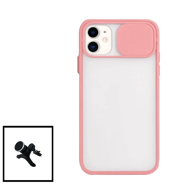 Kit Capa Slide Window Anti Choque Frosted + Suporte Magnético Reforçado de Carro para Apple iPhone SE 2022 - Rosa