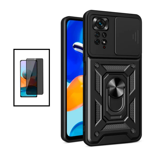 Kit Película 5D Anti-Spy + Capa Magnetic Military Defender Slide Window Anti-Impacto para Xiaomi Redmi Note 11 Pro - Preto