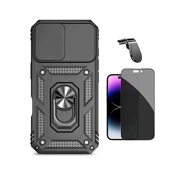 Kit Película Anti-Spy + Capa Magnetic Slide Window + Suporte L PHONECARE Para Apple iPhone 17 - Preto