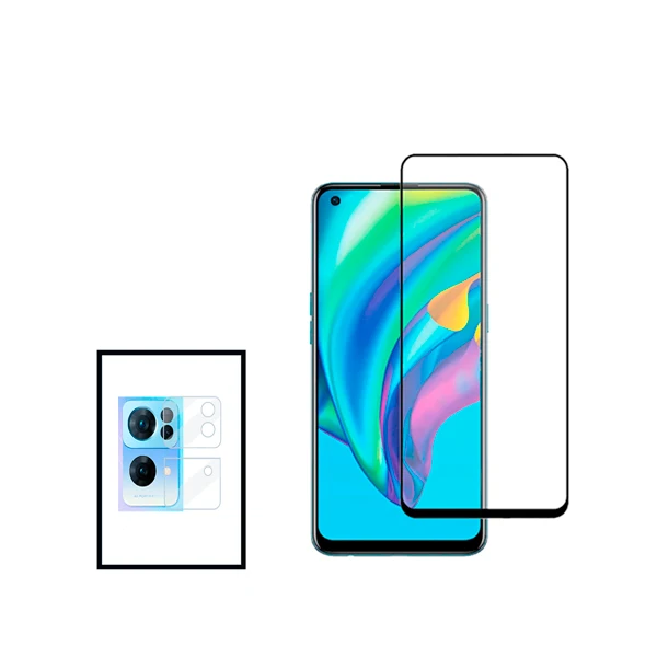 Kit Película de Camara Traseira + Vidro Premium Full Cover para Oppo Reno7 Pro 5G - Transparente/Preto