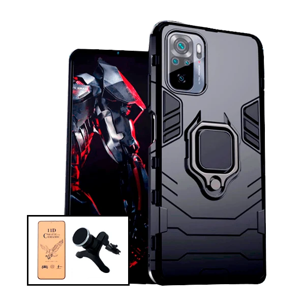 Kit Película CeramicGlass + Capa 3X1 Military Defender + Suporte Magnético de Carro Reforçado para Xiaomi Redmi Note 10 Pro