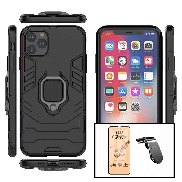 Kit Película CeramicGlass + Capa 3X1 Military Defender + Suporte Magnético L Safe Driving Carro para Apple iPhone 13 Pro