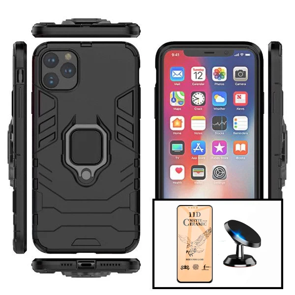 Kit Película CeramicGlass + Capa 3X1 Military Defender + Suporte Magnético de Carro para Apple iPhone 13