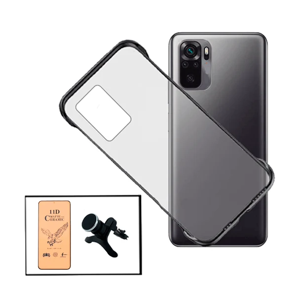 Kit Película CeramicGlass + Capa Invisible Bumper + Suporte Magnético de Carro Reforçado para Xiaomi Redmi Note 10s
