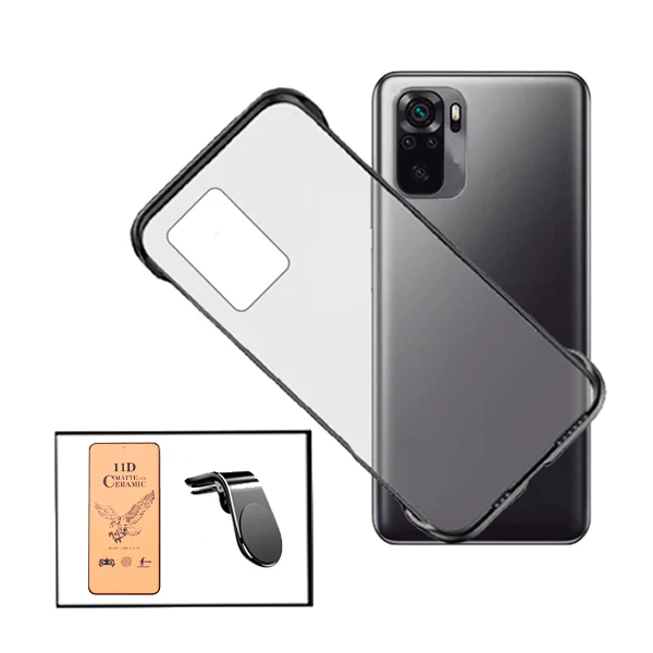 Kit Película CeramicGlass + Capa Invisible Bumper + Suporte Magnético L Safe Driving Carro - Preto para Xiaomi Redmi Note 10