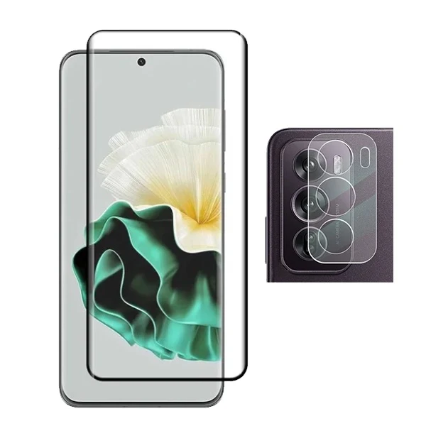 Kit Película de Câmara Traseira + Vidro Temperado Full Cover Curved Premium para Oppo Reno12 5G - Transparente/Preto