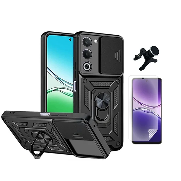 Kit Película Hydrogel Frente + Capa Magnetic Slide Window + Suporte Magnético Reforçado PHONECARE Para Oppo A5 5G - Preto