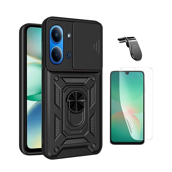 Kit Película Hydrogel Frente + Capa Magnetic Slide Window + Suporte L PHONECARE Para Xiaomi Redmi 15C 4G - Preto