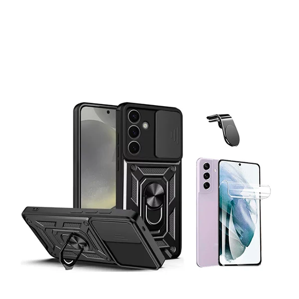 Kit Película Hydrogel Full Cover Frente + Capa Magnetic Military Defender Slide Window Anti-Impacto + Suporte Magnético L...