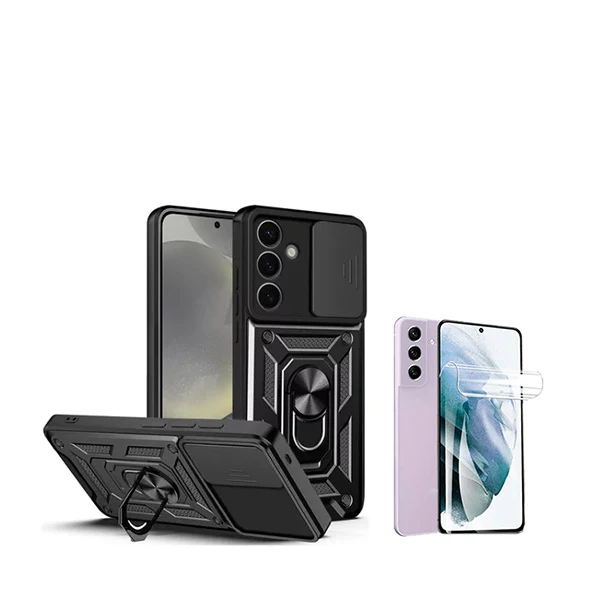 Kit Película Hydrogel Full Cover Frente + Capa Magnetic Military Defender Slide Window Anti-Impacto para Samsung Galaxy S2...