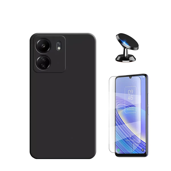 Kit Película Hydrogel Full Cover Frente + Capa Silicone Líquido + Suporte Magnético de Carro para Xiaomi Redmi 13C - Preto