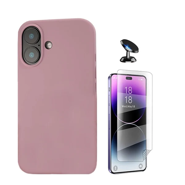 Kit Película Hydrogel Full Cover Frente + Capa Silicone Líquido + Suporte Magnético de Carro para Apple iPhone 16 Plus - Rosa