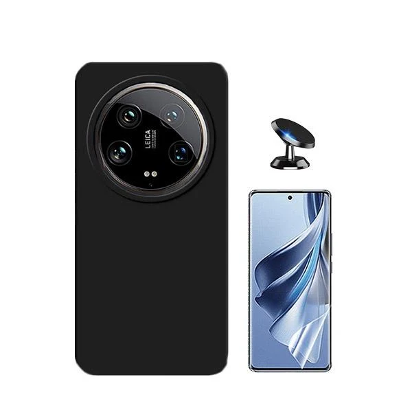 Kit Película Hydrogel Full Cover Frente + Capa Silicone Líquido + Suporte Magnético de Carro para Xiaomi 14 Ultra - Preto