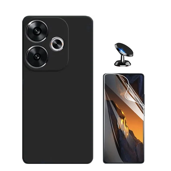 Kit Película Hydrogel Full Cover Frente + Capa Silicone Líquido + Suporte Magnético de Carro para Xiaomi Poco F6 - Preto