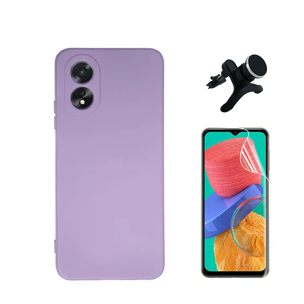 Kit Película Hydrogel Full Cover Frente + Capa Silicone Líquido + Suporte Magnético de Carro Reforçado para Oppo A18 - Roxo