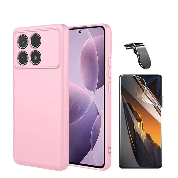 Kit Película Hydrogel Full Cover Frente + Capa Silicone Líquido + Suporte Magnético L para Xiaomi Poco F6 Pro - Rosa